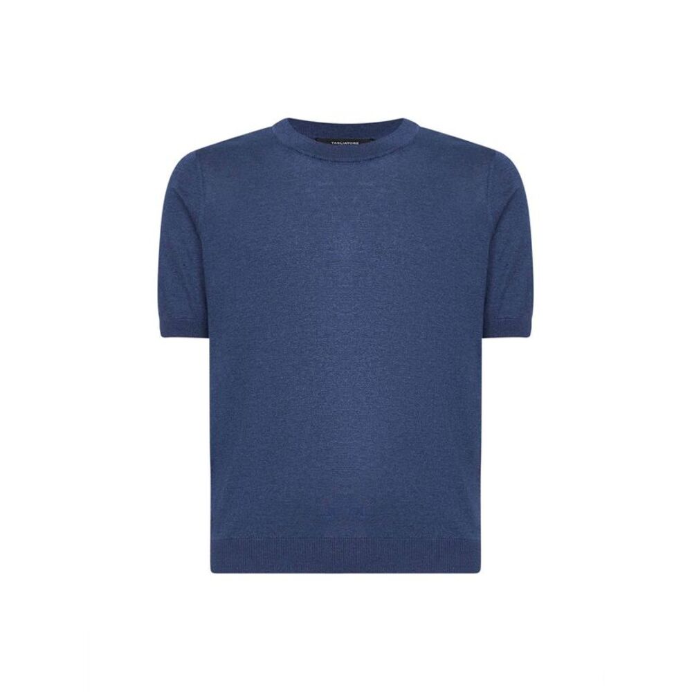 Tagliatore Men Navy Blue Silk Knit Crewneck T-Shirt